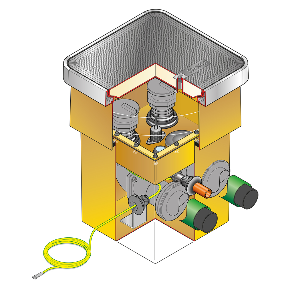 Fibrelite below ground remote fill sumps are factory assembled and tested (corner sliced to show internals